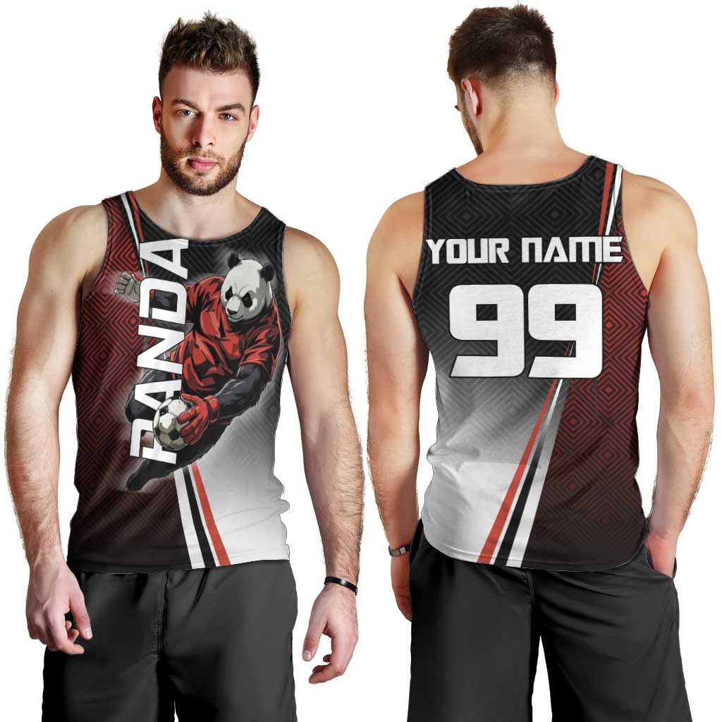 Personalized Panda Jujutsu Kaisen Soccer Theme Men Tank Top with Goalkeeper Pose and Red Black Geometric Graphic Design - The Mazicc