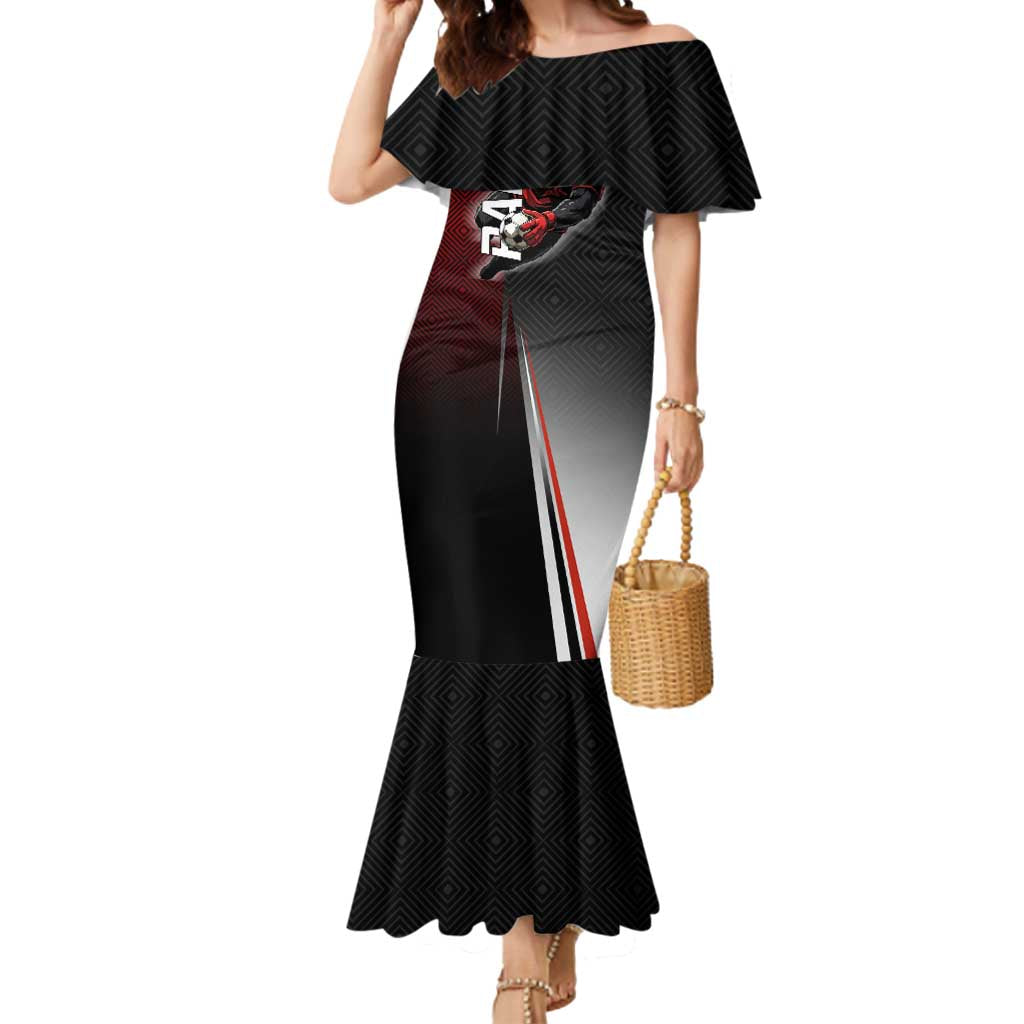 Personalized Panda Jujutsu Kaisen Soccer Theme Mermaid Dress with Goalkeeper Pose and Red Black Geometric Graphic Design - The Mazicc