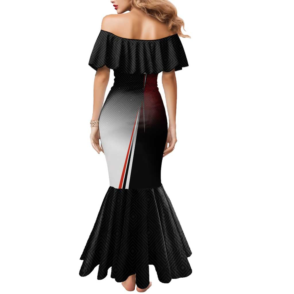 Personalized Panda Jujutsu Kaisen Soccer Theme Mermaid Dress with Goalkeeper Pose and Red Black Geometric Graphic Design - The Mazicc
