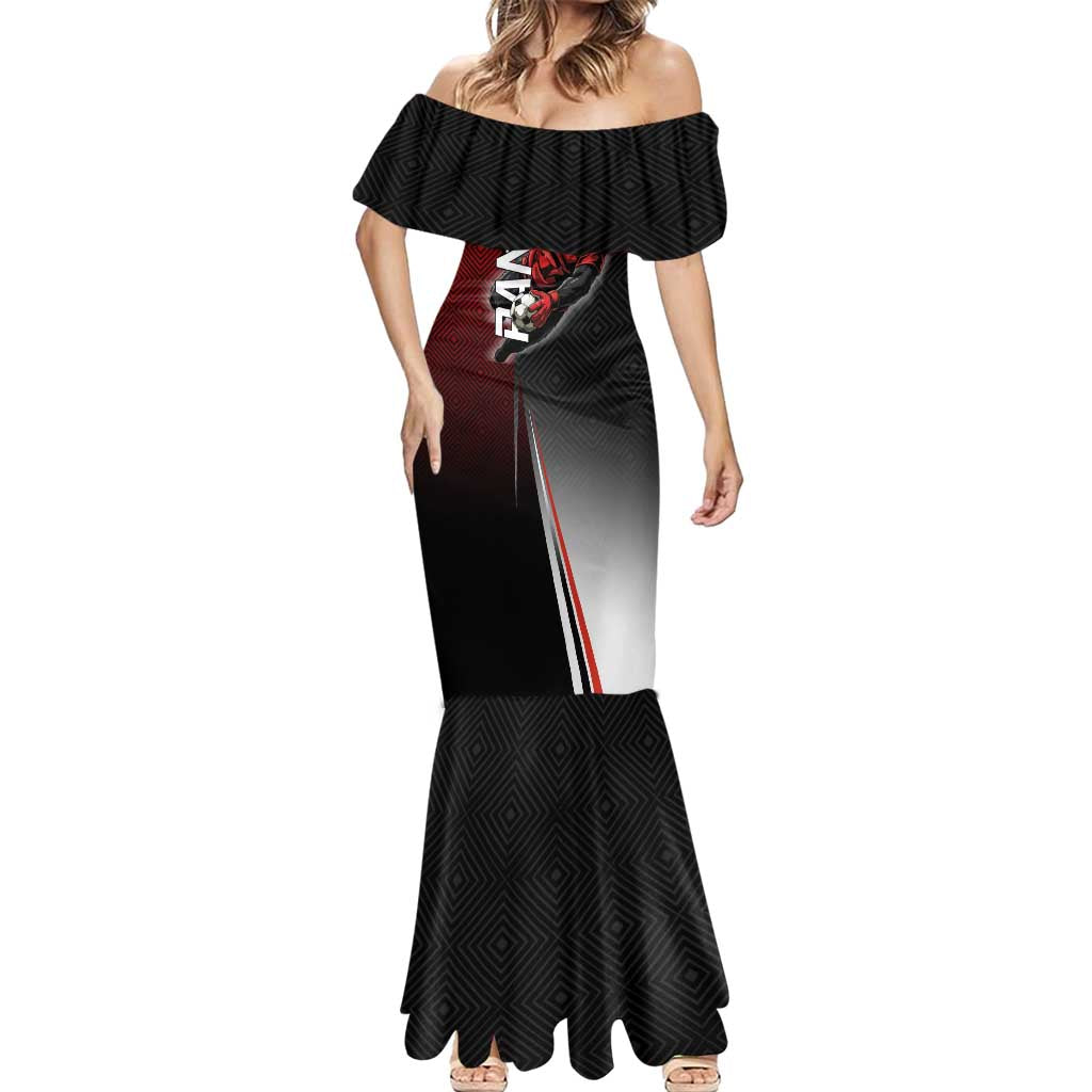 Personalized Panda Jujutsu Kaisen Soccer Theme Mermaid Dress with Goalkeeper Pose and Red Black Geometric Graphic Design - The Mazicc