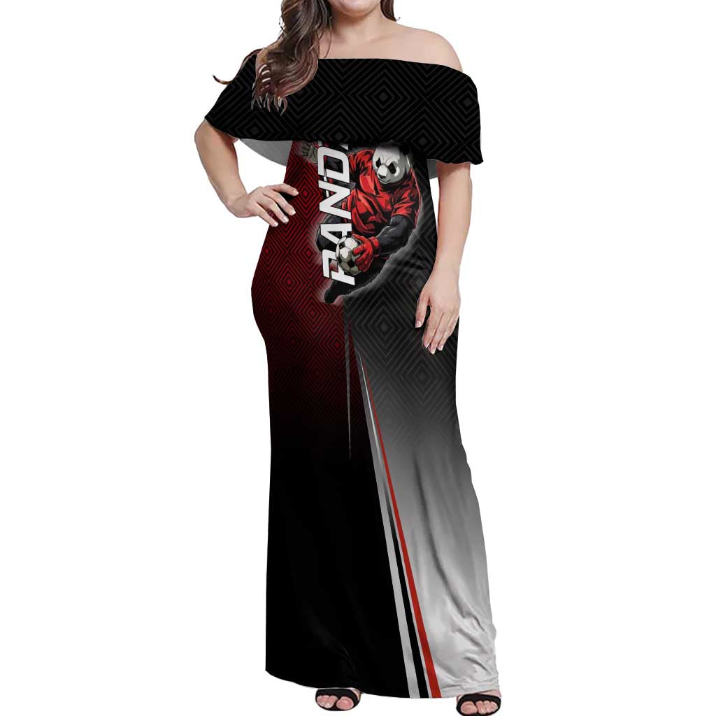 Personalized Panda Jujutsu Kaisen Soccer Theme Off Shoulder Maxi Dress with Goalkeeper Pose and Red Black Geometric Graphic Design - The Mazicc