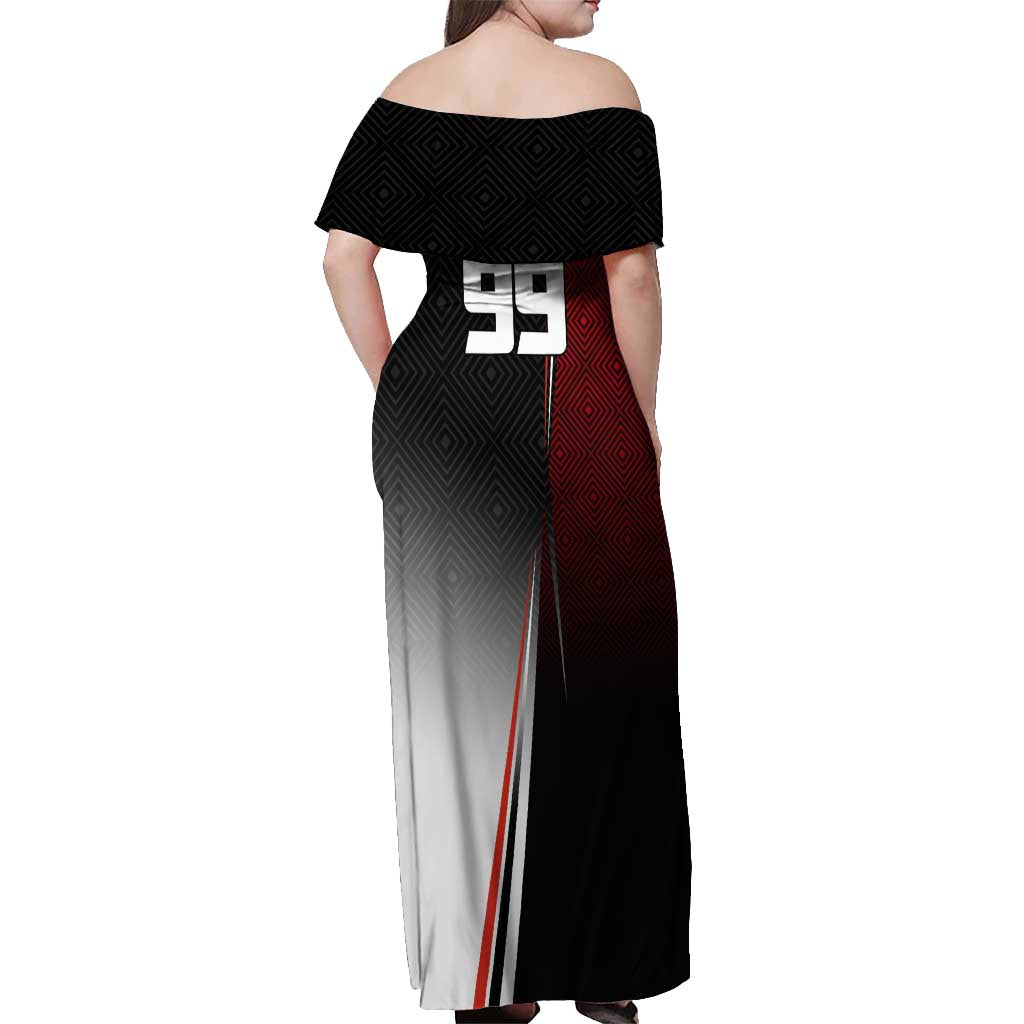 Personalized Panda Jujutsu Kaisen Soccer Theme Off Shoulder Maxi Dress with Goalkeeper Pose and Red Black Geometric Graphic Design - The Mazicc