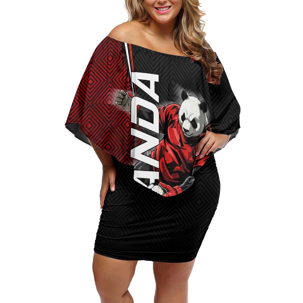 Personalized Panda Jujutsu Kaisen Soccer Theme Off Shoulder Short Dress with Goalkeeper Pose and Red Black Geometric Graphic Design - The Mazicc