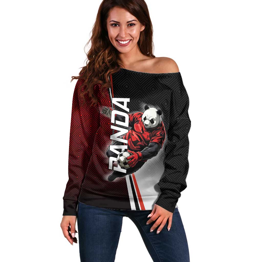 Personalized Panda Jujutsu Kaisen Soccer Theme Off Shoulder Sweater with Goalkeeper Pose and Red Black Geometric Graphic Design - The Mazicc