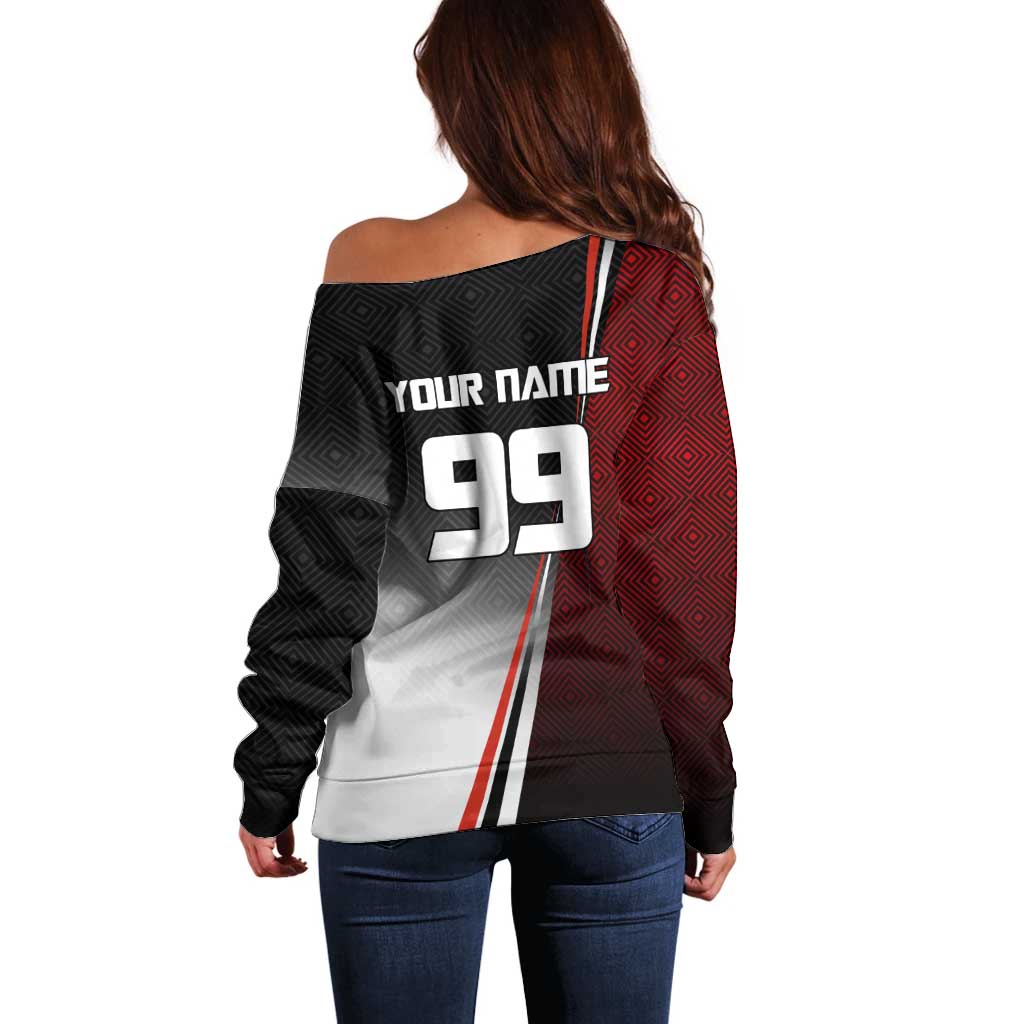 Personalized Panda Jujutsu Kaisen Soccer Theme Off Shoulder Sweater with Goalkeeper Pose and Red Black Geometric Graphic Design - The Mazicc