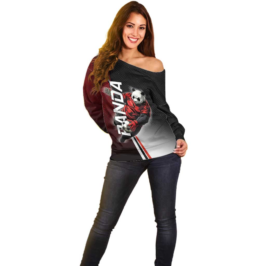 Personalized Panda Jujutsu Kaisen Soccer Theme Off Shoulder Sweater with Goalkeeper Pose and Red Black Geometric Graphic Design - The Mazicc