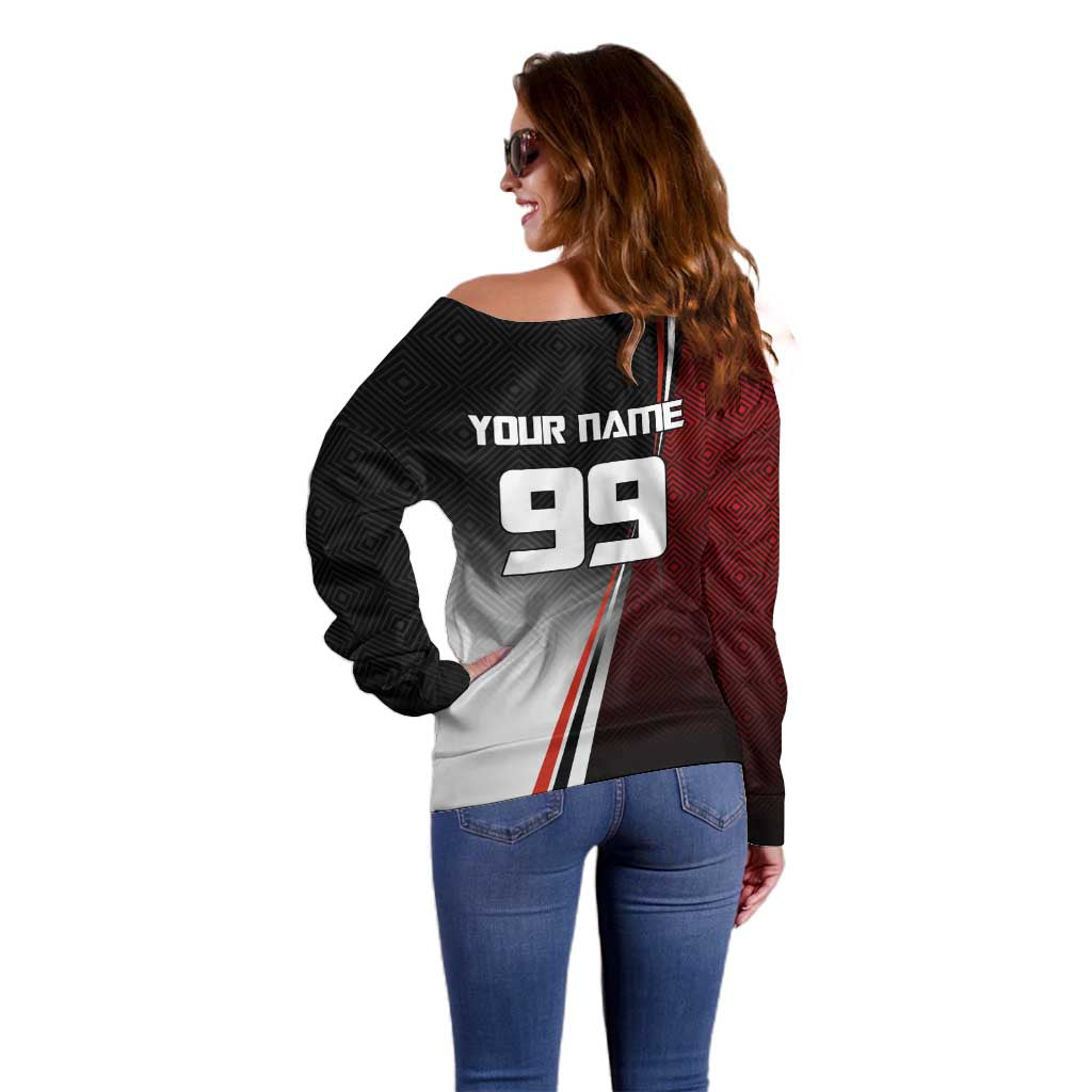 Personalized Panda Jujutsu Kaisen Soccer Theme Off Shoulder Sweater with Goalkeeper Pose and Red Black Geometric Graphic Design - The Mazicc