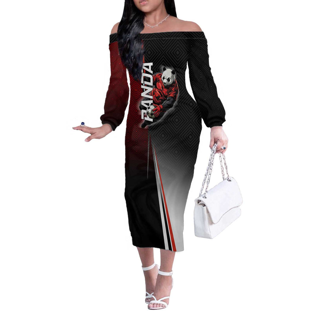 Personalized Panda Jujutsu Kaisen Soccer Theme Off The Shoulder Long Sleeve Dress with Goalkeeper Pose and Red Black Geometric Graphic Design - The Mazicc