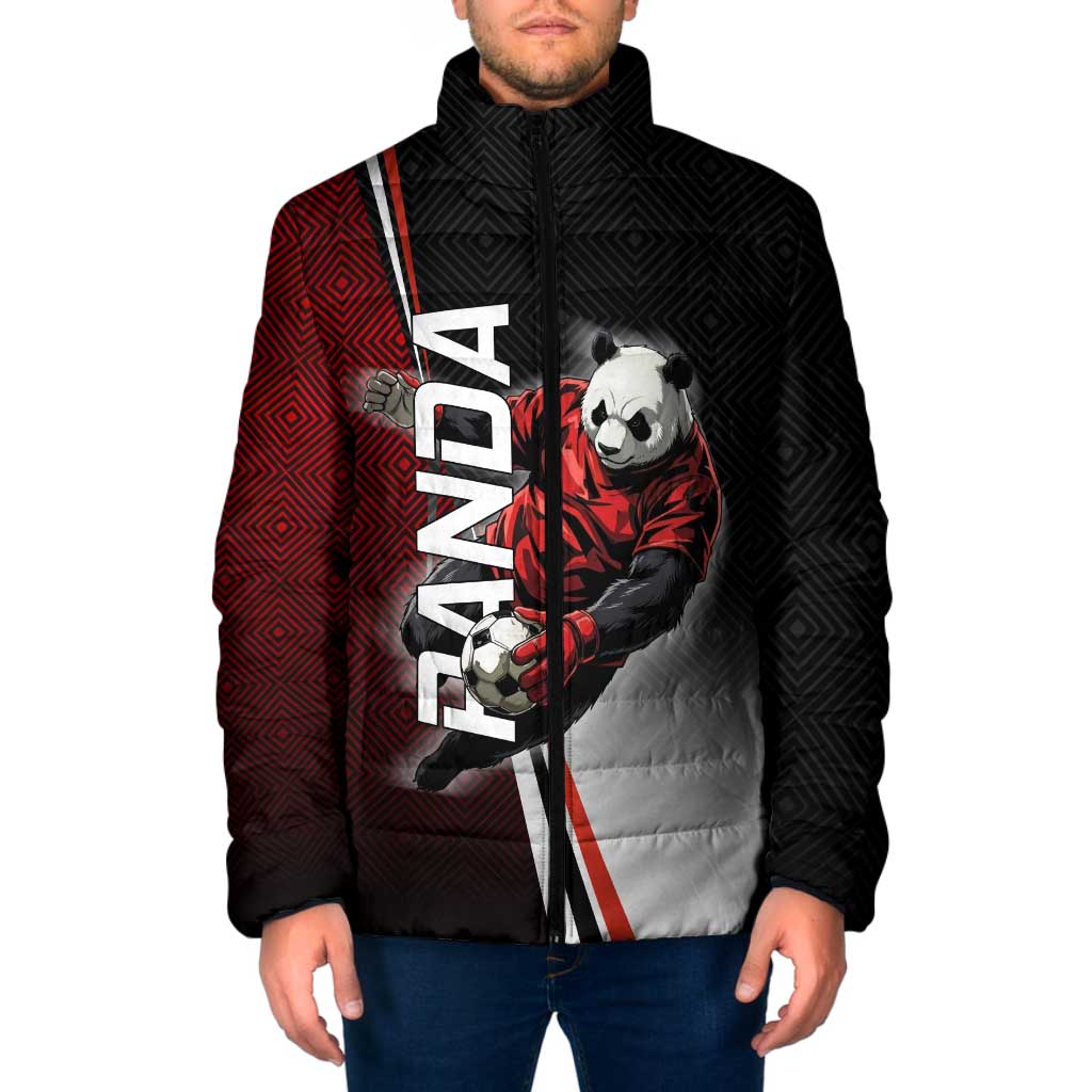Personalized Panda Jujutsu Kaisen Soccer Theme Padded Jacket with Goalkeeper Pose and Red Black Geometric Graphic Design - The Mazicc