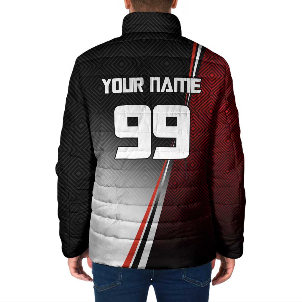 Personalized Panda Jujutsu Kaisen Soccer Theme Padded Jacket with Goalkeeper Pose and Red Black Geometric Graphic Design - The Mazicc
