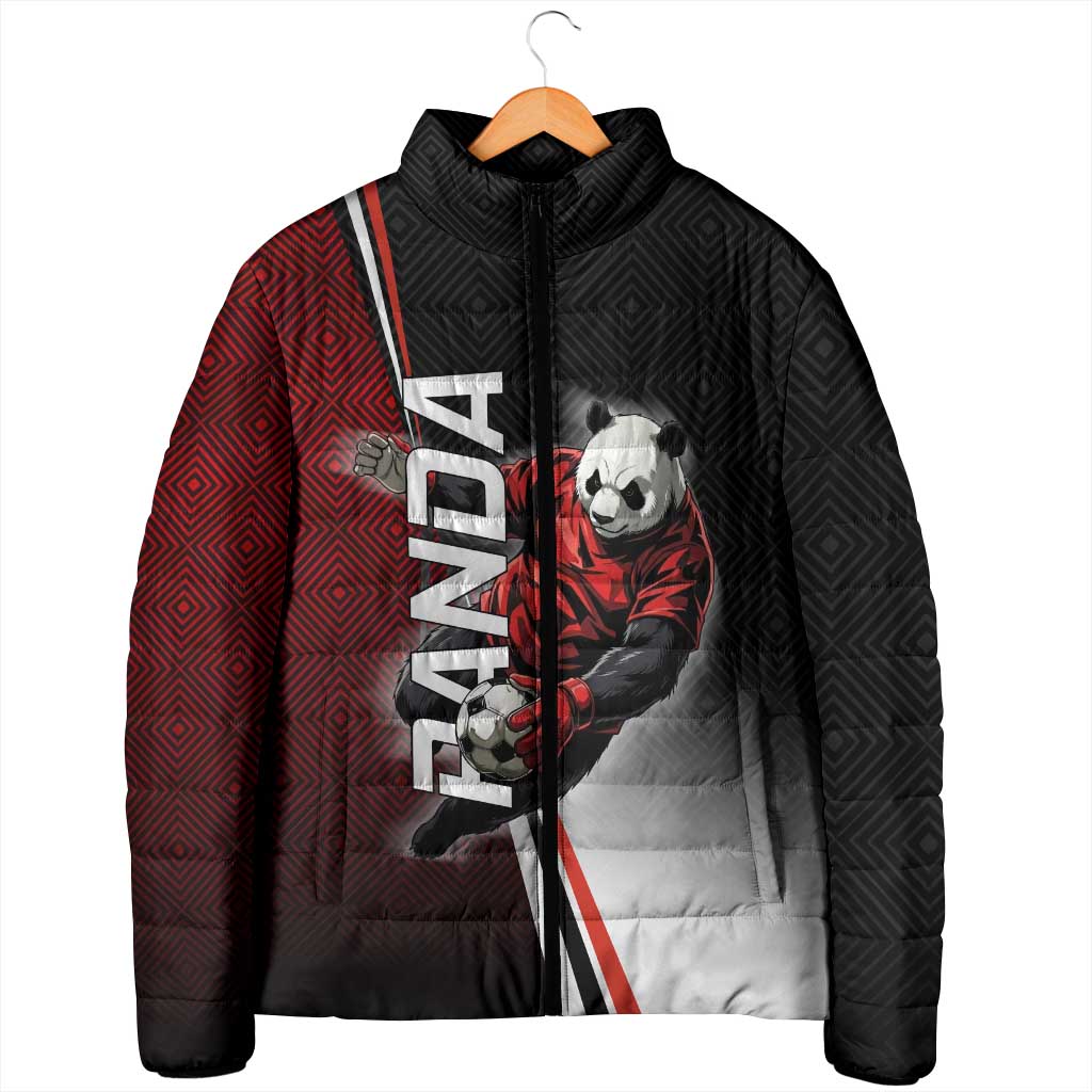 Personalized Panda Jujutsu Kaisen Soccer Theme Padded Jacket with Goalkeeper Pose and Red Black Geometric Graphic Design - The Mazicc