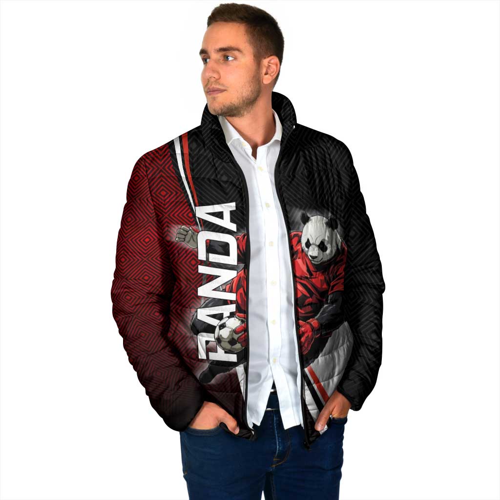 Personalized Panda Jujutsu Kaisen Soccer Theme Padded Jacket with Goalkeeper Pose and Red Black Geometric Graphic Design - The Mazicc
