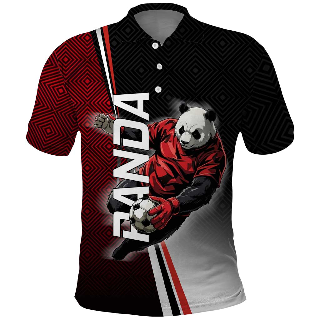 Personalized Panda Jujutsu Kaisen Soccer Theme Polo Shirt with Goalkeeper Pose and Red Black Geometric Graphic Design - The Mazicc