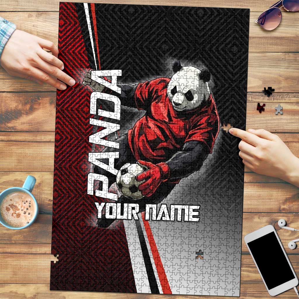 Personalized Panda Jujutsu Kaisen Soccer Theme Puzzle with Goalkeeper Pose and Red Black Geometric Graphic Design - The Mazicc