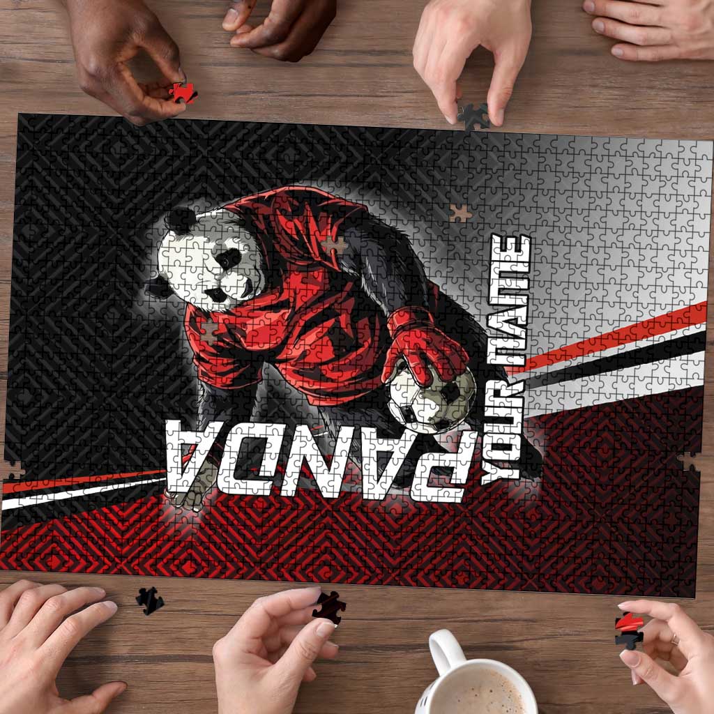 Personalized Panda Jujutsu Kaisen Soccer Theme Puzzle with Goalkeeper Pose and Red Black Geometric Graphic Design - The Mazicc