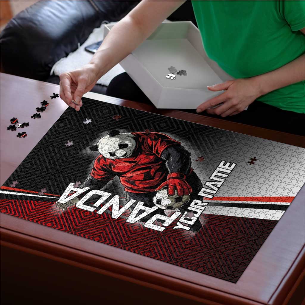 Personalized Panda Jujutsu Kaisen Soccer Theme Puzzle with Goalkeeper Pose and Red Black Geometric Graphic Design - The Mazicc