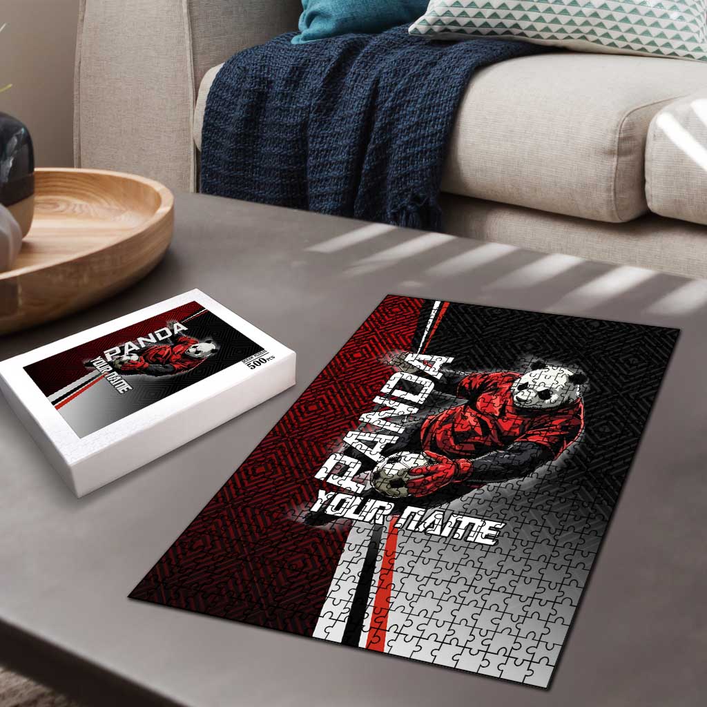 Personalized Panda Jujutsu Kaisen Soccer Theme Puzzle with Goalkeeper Pose and Red Black Geometric Graphic Design - The Mazicc