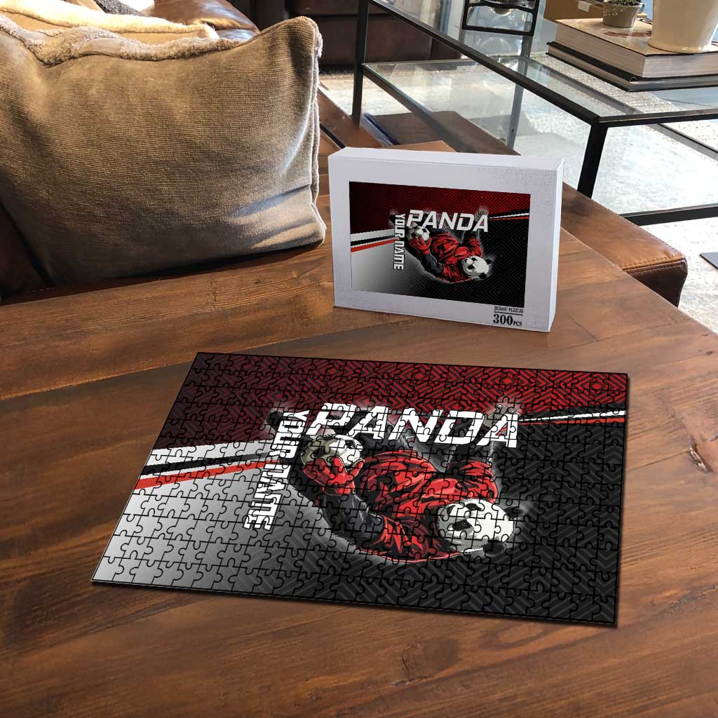 Personalized Panda Jujutsu Kaisen Soccer Theme Puzzle with Goalkeeper Pose and Red Black Geometric Graphic Design - The Mazicc