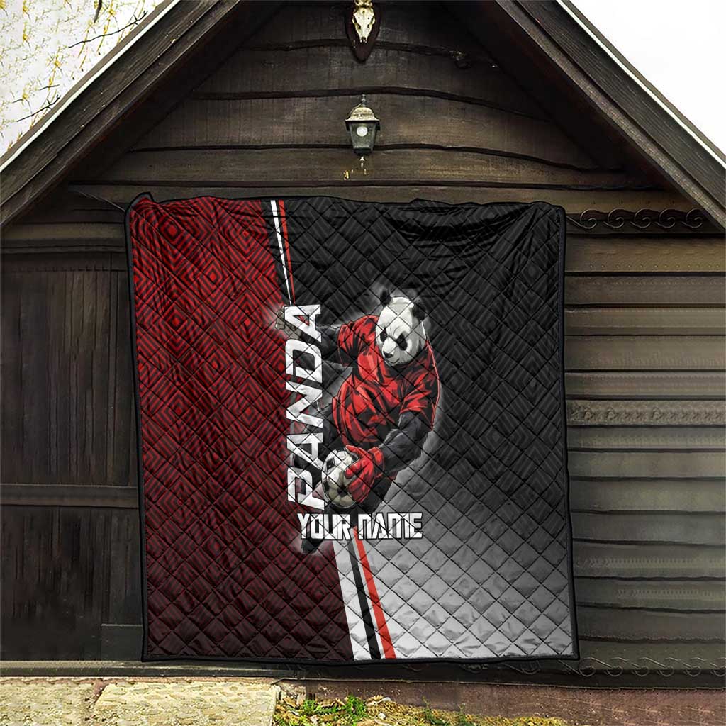 Personalized Panda Jujutsu Kaisen Soccer Theme Quilt with Goalkeeper Pose and Red Black Geometric Graphic Design - The Mazicc