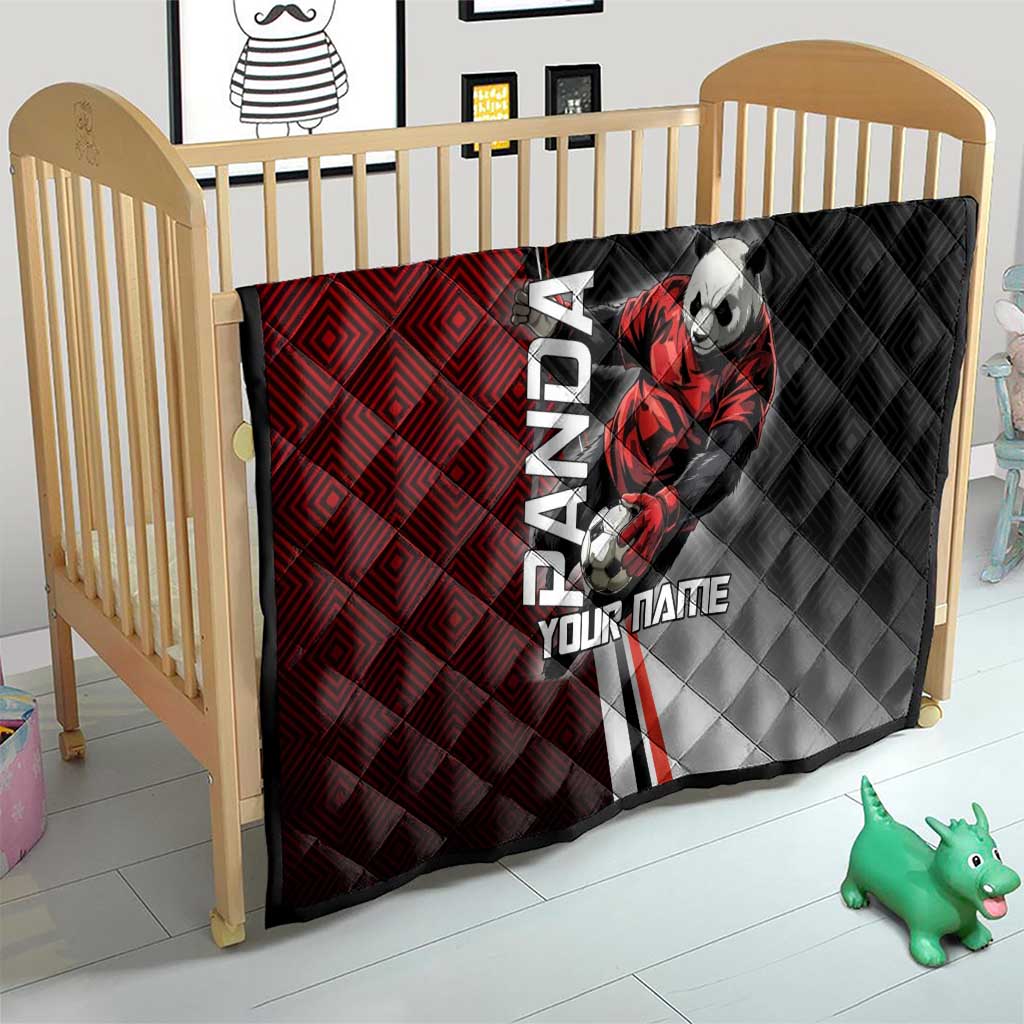 Personalized Panda Jujutsu Kaisen Soccer Theme Quilt with Goalkeeper Pose and Red Black Geometric Graphic Design - The Mazicc