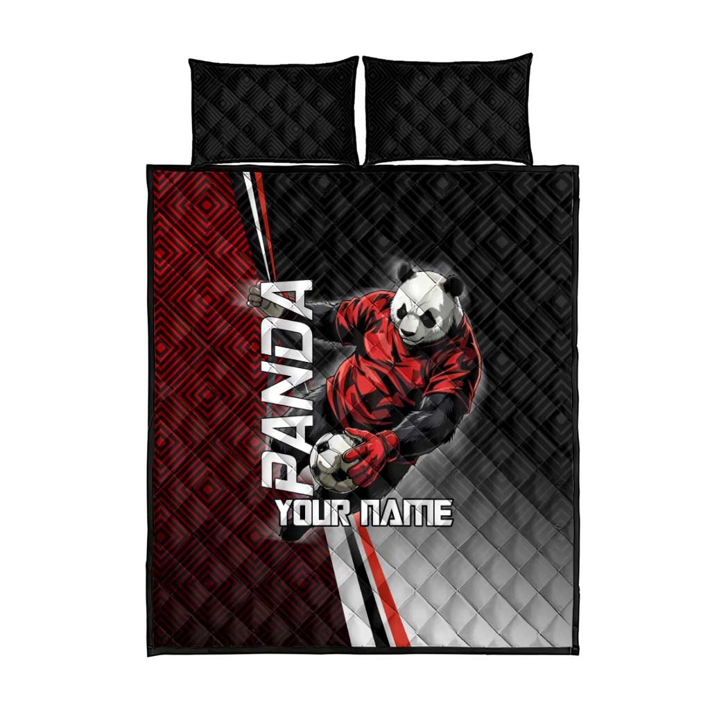 Personalized Panda Jujutsu Kaisen Soccer Theme Quilt Bed Set with Goalkeeper Pose and Red Black Geometric Graphic Design - The Mazicc