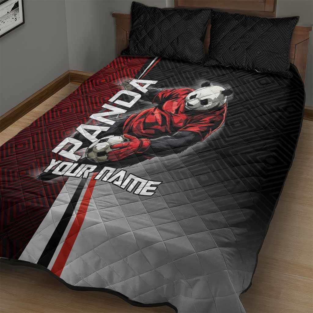 Personalized Panda Jujutsu Kaisen Soccer Theme Quilt Bed Set with Goalkeeper Pose and Red Black Geometric Graphic Design - The Mazicc