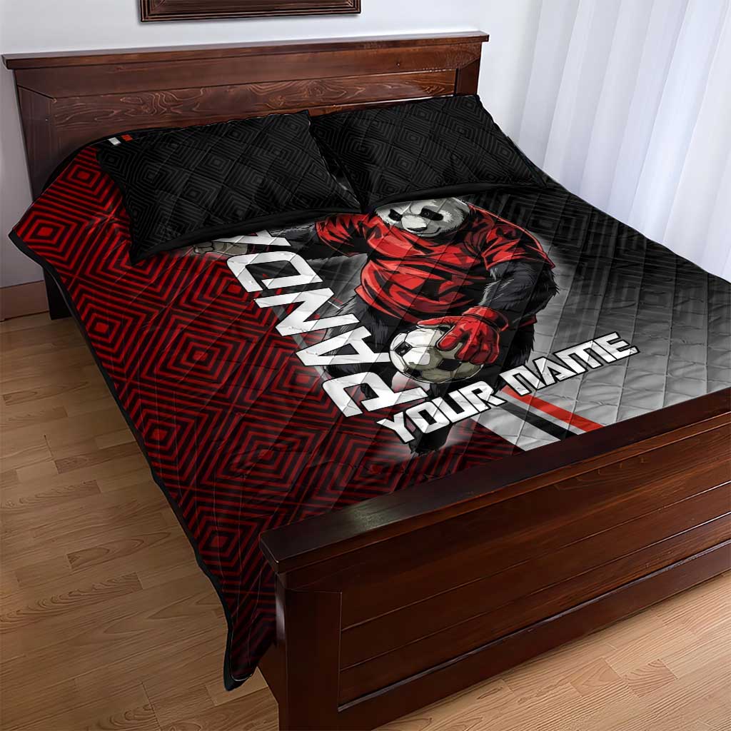 Personalized Panda Jujutsu Kaisen Soccer Theme Quilt Bed Set with Goalkeeper Pose and Red Black Geometric Graphic Design - The Mazicc