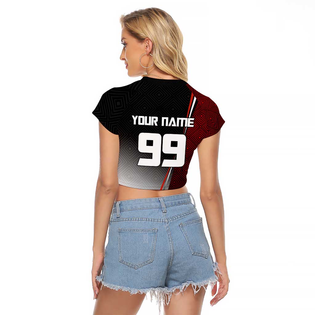 Personalized Panda Jujutsu Kaisen Soccer Theme Raglan Cropped T Shirt with Goalkeeper Pose and Red Black Geometric Graphic Design - The Mazicc