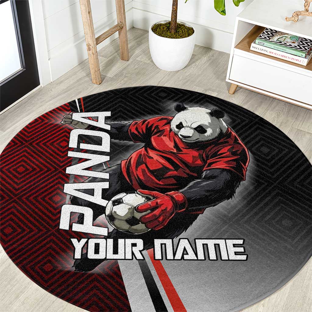 Personalized Panda Jujutsu Kaisen Soccer Theme Round Carpet with Goalkeeper Pose and Red Black Geometric Graphic Design - The Mazicc