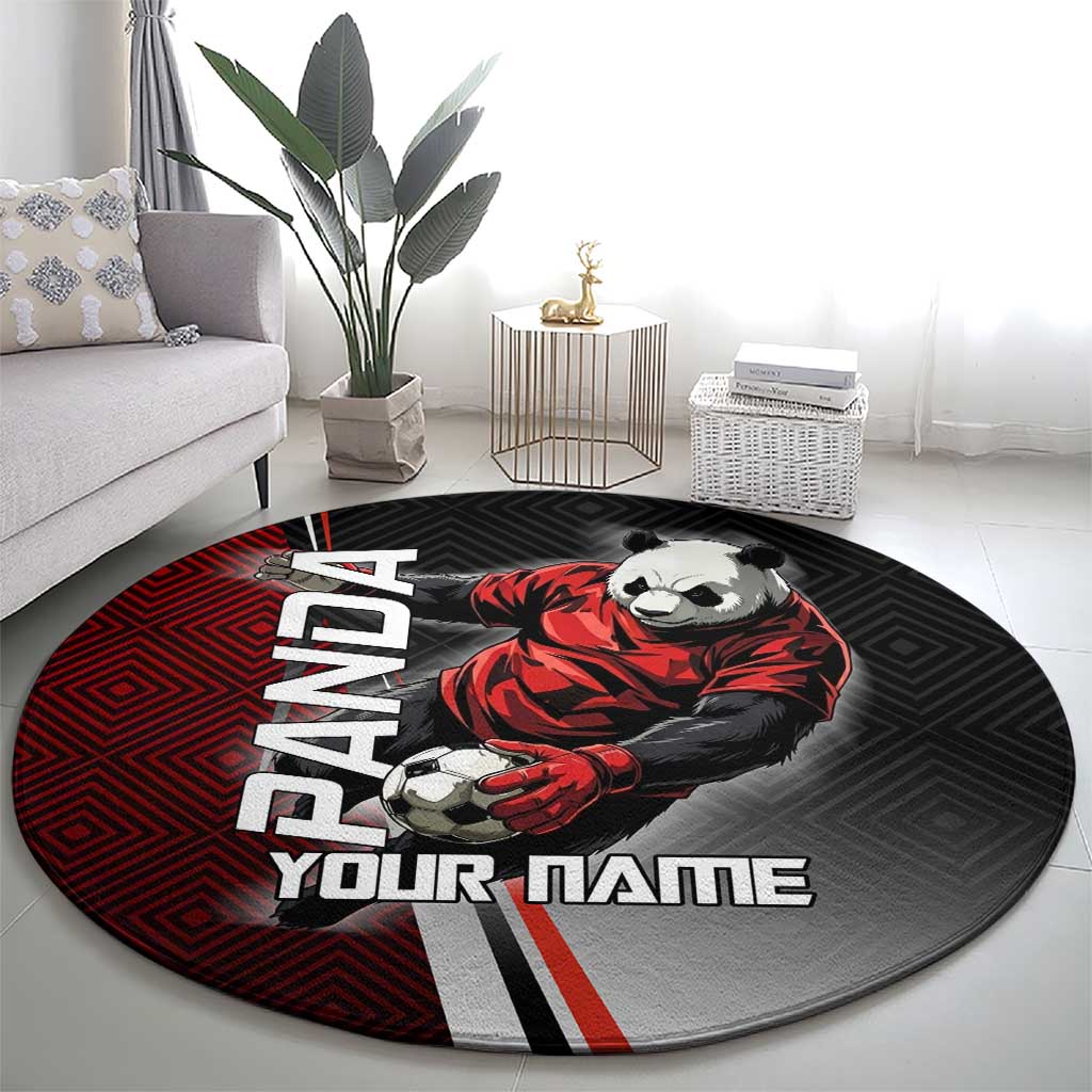 Personalized Panda Jujutsu Kaisen Soccer Theme Round Carpet with Goalkeeper Pose and Red Black Geometric Graphic Design - The Mazicc