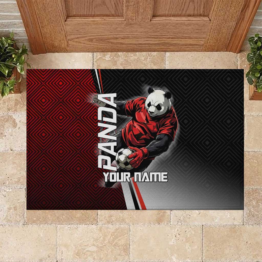 Personalized Panda Jujutsu Kaisen Soccer Theme Rubber Doormat with Goalkeeper Pose and Red Black Geometric Graphic Design - The Mazicc
