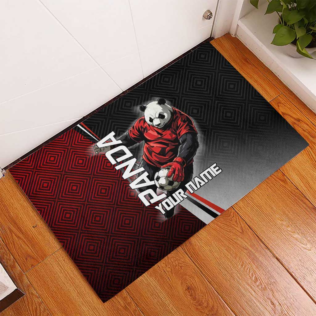 Personalized Panda Jujutsu Kaisen Soccer Theme Rubber Doormat with Goalkeeper Pose and Red Black Geometric Graphic Design - The Mazicc