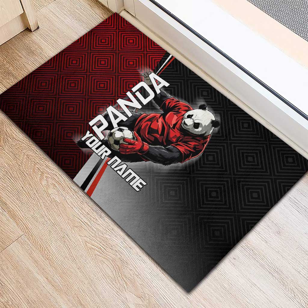 Personalized Panda Jujutsu Kaisen Soccer Theme Rubber Doormat with Goalkeeper Pose and Red Black Geometric Graphic Design - The Mazicc