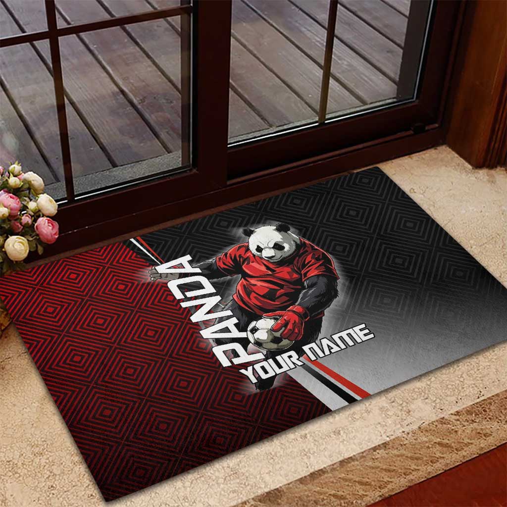 Personalized Panda Jujutsu Kaisen Soccer Theme Rubber Doormat with Goalkeeper Pose and Red Black Geometric Graphic Design - The Mazicc
