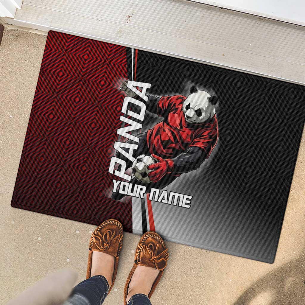 Personalized Panda Jujutsu Kaisen Soccer Theme Rubber Doormat with Goalkeeper Pose and Red Black Geometric Graphic Design - The Mazicc