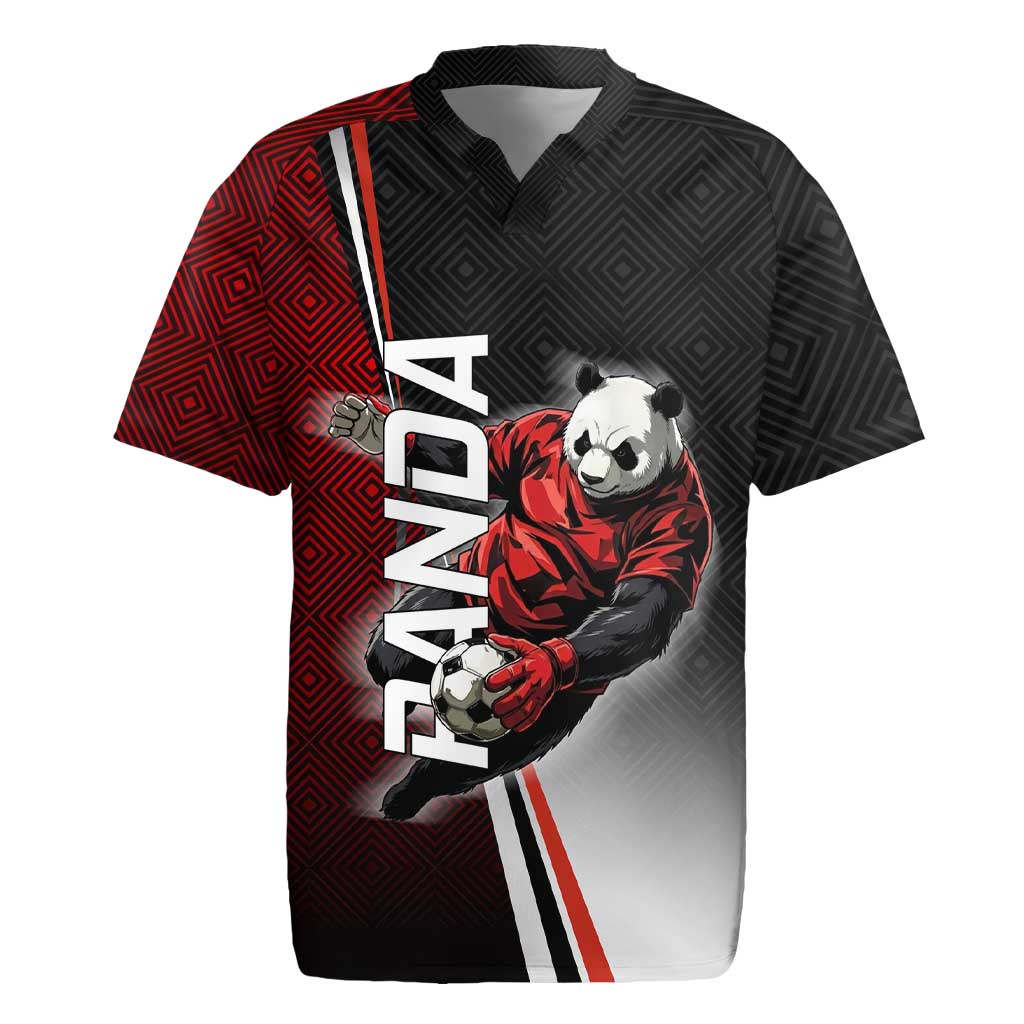 Personalized Panda Jujutsu Kaisen Soccer Theme Rugby Jersey with Goalkeeper Pose and Red Black Geometric Graphic Design - The Mazicc
