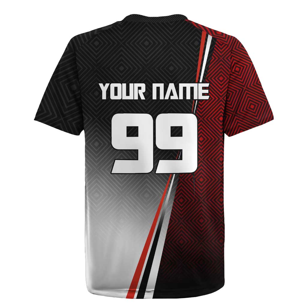 Personalized Panda Jujutsu Kaisen Soccer Theme Rugby Jersey with Goalkeeper Pose and Red Black Geometric Graphic Design - The Mazicc