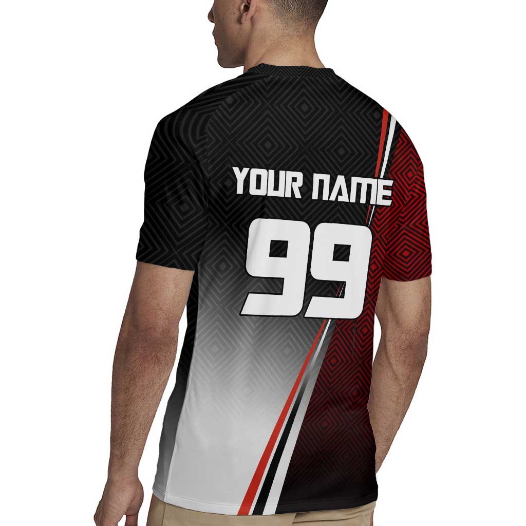 Personalized Panda Jujutsu Kaisen Soccer Theme Rugby Jersey with Goalkeeper Pose and Red Black Geometric Graphic Design - The Mazicc