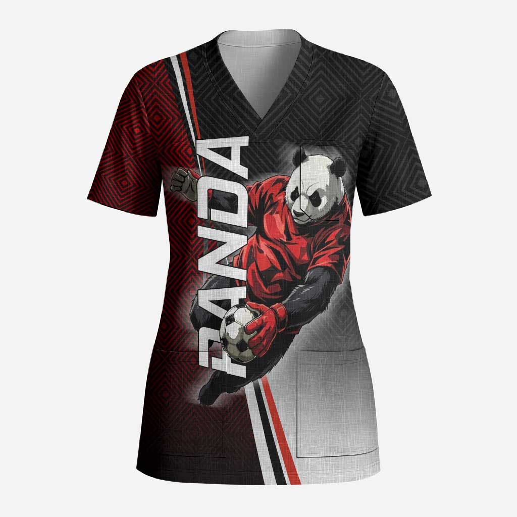 Personalized Panda Jujutsu Kaisen Soccer Theme Scrub Top with Goalkeeper Pose and Red Black Geometric Graphic Design - The Mazicc