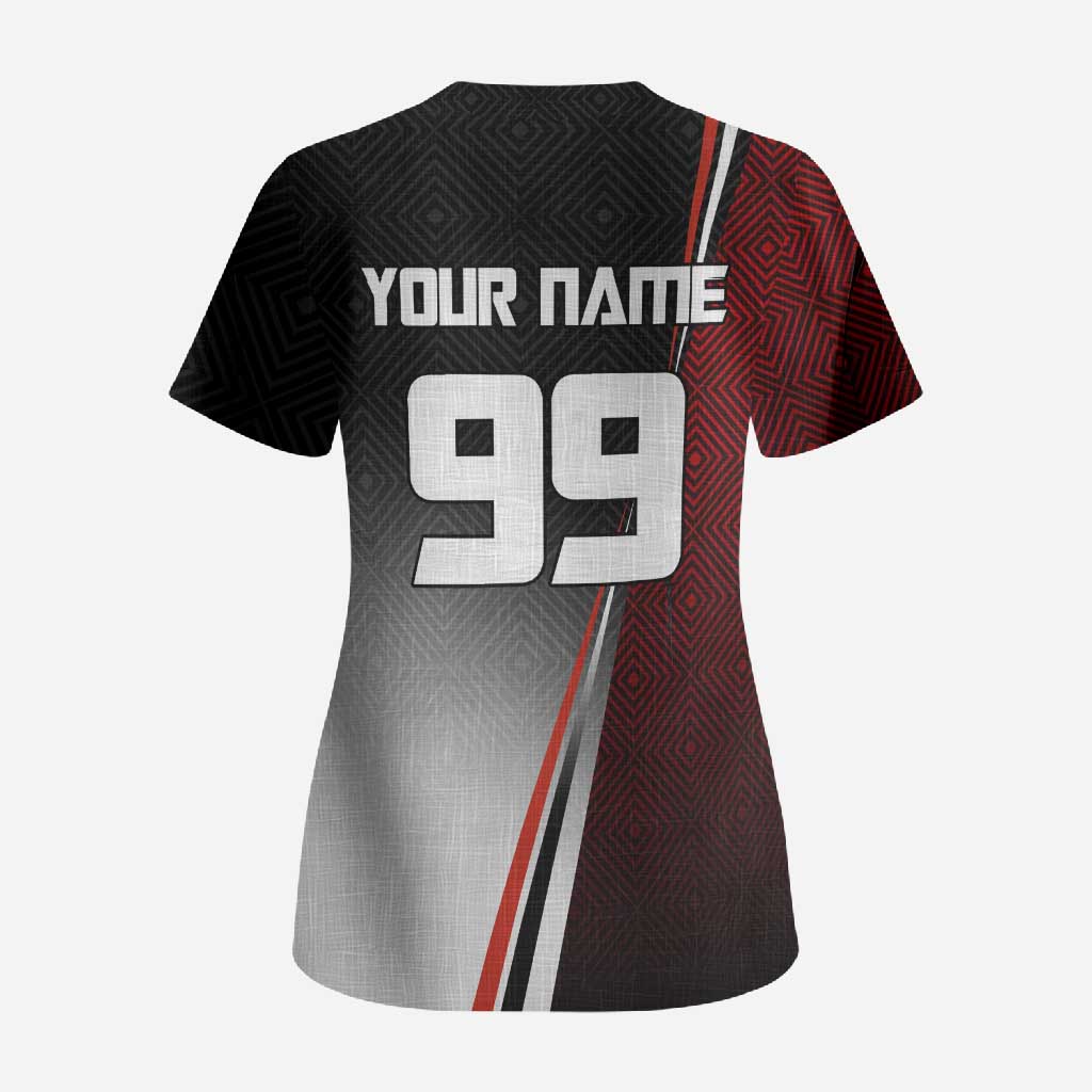 Personalized Panda Jujutsu Kaisen Soccer Theme Scrub Top with Goalkeeper Pose and Red Black Geometric Graphic Design - The Mazicc