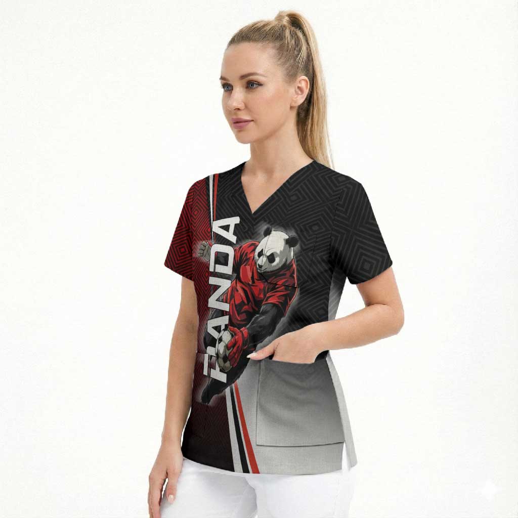 Personalized Panda Jujutsu Kaisen Soccer Theme Scrub Top with Goalkeeper Pose and Red Black Geometric Graphic Design - The Mazicc