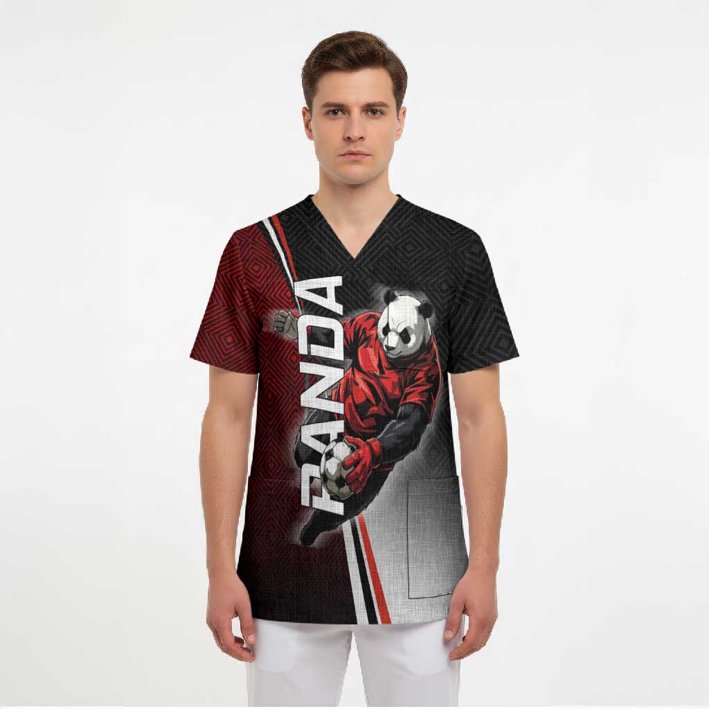 Personalized Panda Jujutsu Kaisen Soccer Theme Scrub Top with Goalkeeper Pose and Red Black Geometric Graphic Design - The Mazicc