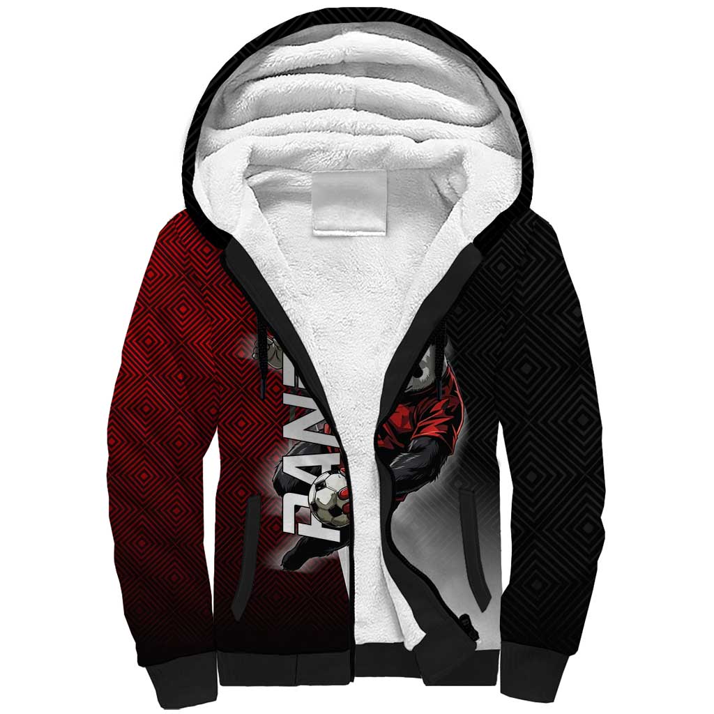 Personalized Panda Jujutsu Kaisen Soccer Theme Sherpa Hoodie with Goalkeeper Pose and Red Black Geometric Graphic Design - The Mazicc