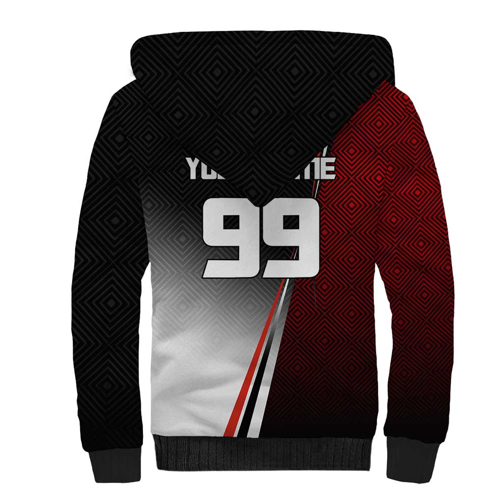 Personalized Panda Jujutsu Kaisen Soccer Theme Sherpa Hoodie with Goalkeeper Pose and Red Black Geometric Graphic Design - The Mazicc