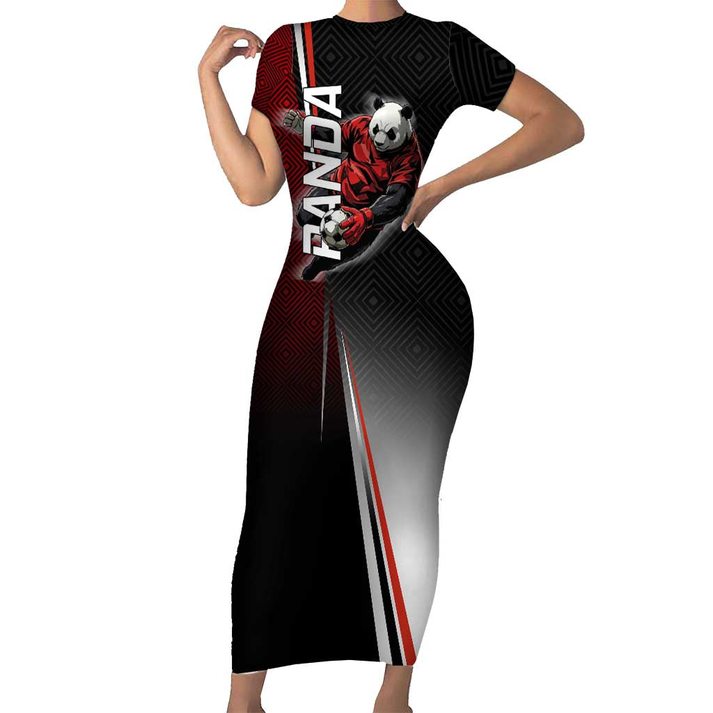 Personalized Panda Jujutsu Kaisen Soccer Theme Short Sleeve Bodycon Dress with Goalkeeper Pose and Red Black Geometric Graphic Design - The Mazicc