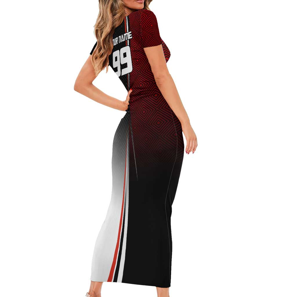Personalized Panda Jujutsu Kaisen Soccer Theme Short Sleeve Bodycon Dress with Goalkeeper Pose and Red Black Geometric Graphic Design - The Mazicc
