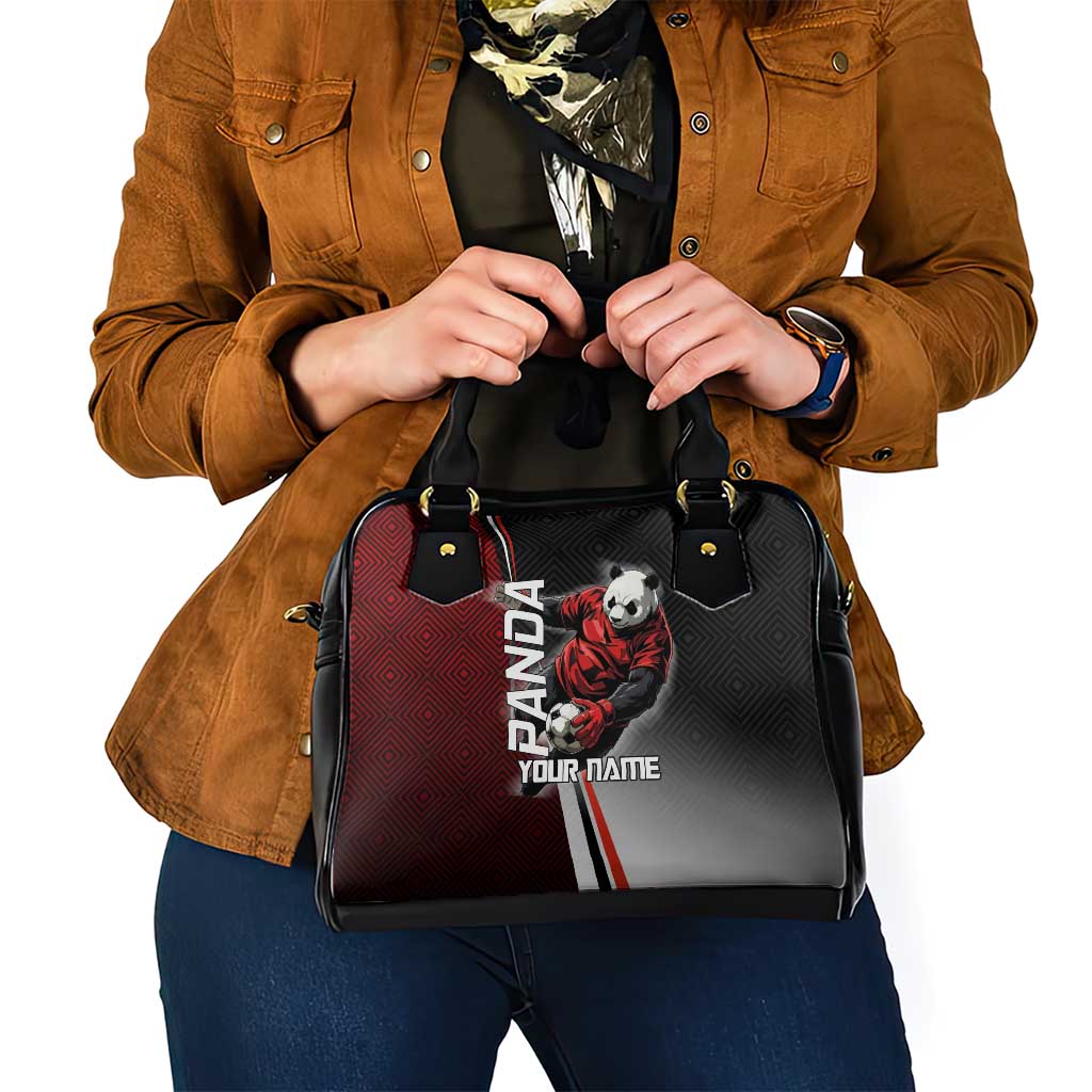 Personalized Panda Jujutsu Kaisen Soccer Theme Shoulder Handbag with Goalkeeper Pose and Red Black Geometric Graphic Design - The Mazicc