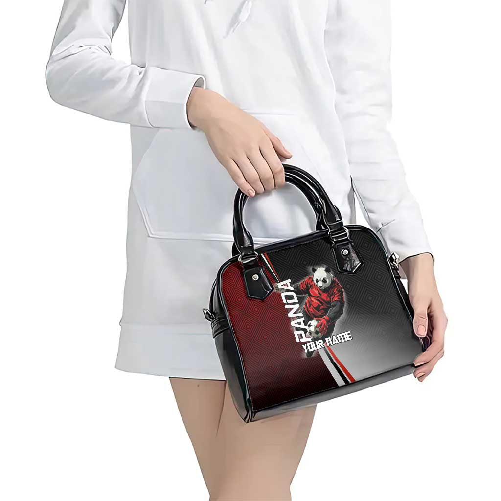 Personalized Panda Jujutsu Kaisen Soccer Theme Shoulder Handbag with Goalkeeper Pose and Red Black Geometric Graphic Design - The Mazicc