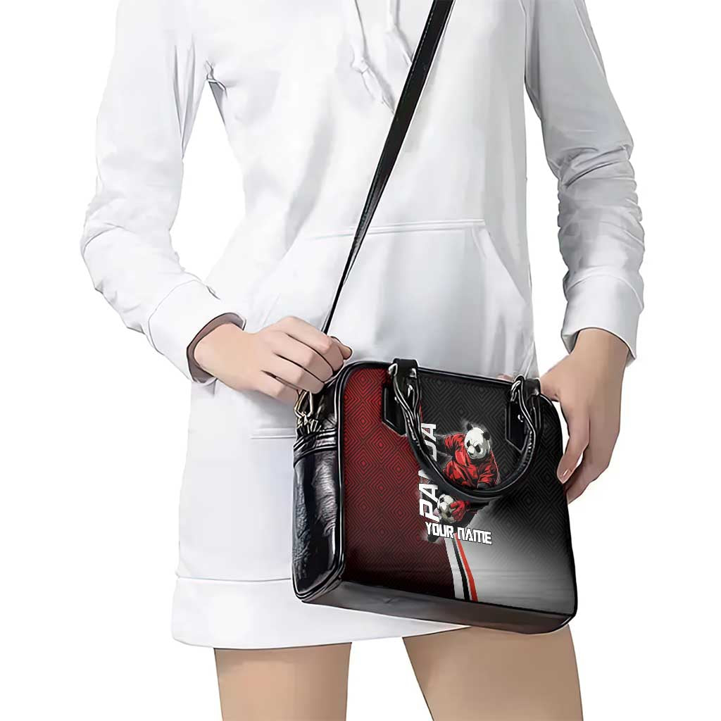 Personalized Panda Jujutsu Kaisen Soccer Theme Shoulder Handbag with Goalkeeper Pose and Red Black Geometric Graphic Design - The Mazicc