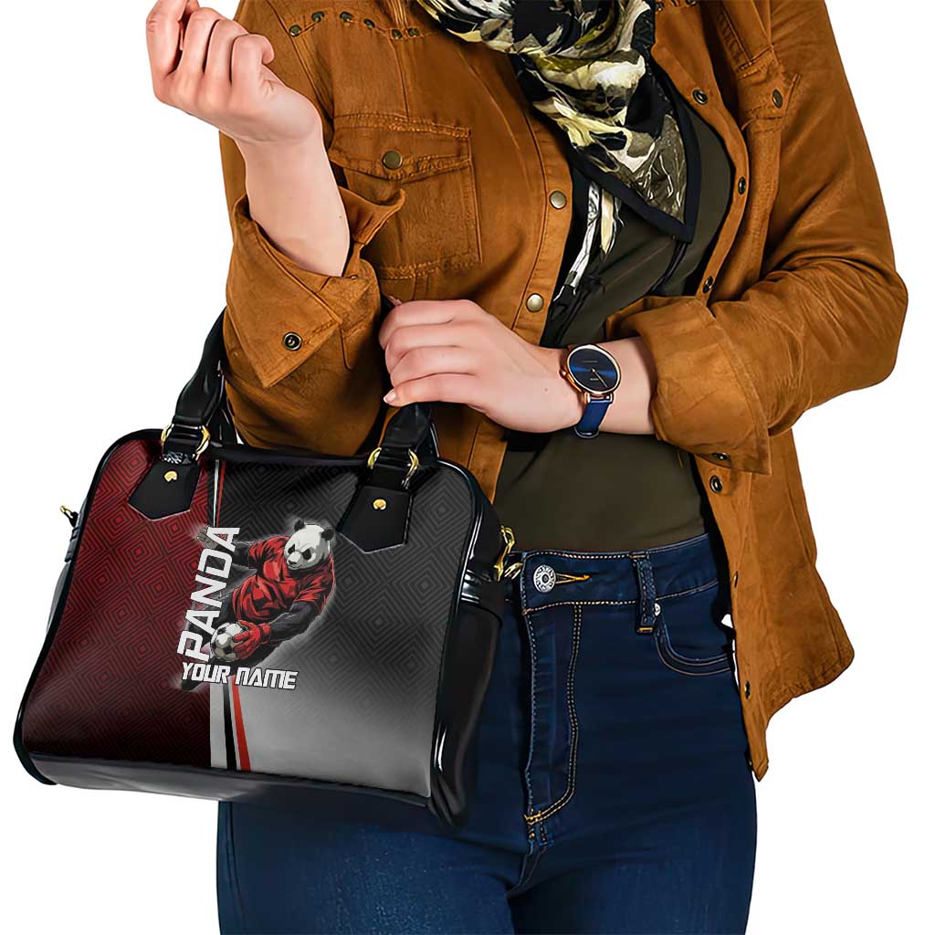 Personalized Panda Jujutsu Kaisen Soccer Theme Shoulder Handbag with Goalkeeper Pose and Red Black Geometric Graphic Design - The Mazicc